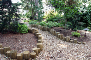 round wood edging defines cedar chip path in Portland, Oregon