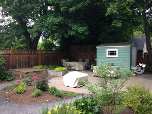 Relocating shed in Irvington backyard landscape design.