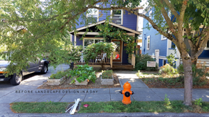 Rose City residential front yard in need of child friendly landscape design.