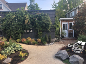 Existing shed with granite crushed rock paths in Grant Park back yard The existing shed fits into the new dog friendly landscape design easily.