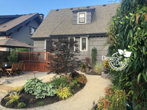 New porch and spacious back yard with granite crushed rock path in Grant Park Portland Oregon Colorful and spacious back yard in Grant Park landscaping for dogs.