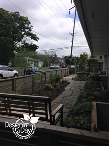 Mid century modern landscape design with a flagstone path and bench are great hardscape updates.