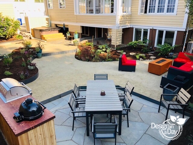 Outdoor kitchen, dining, hot tub and a lounging area fit into this Mt Tabor backyard 