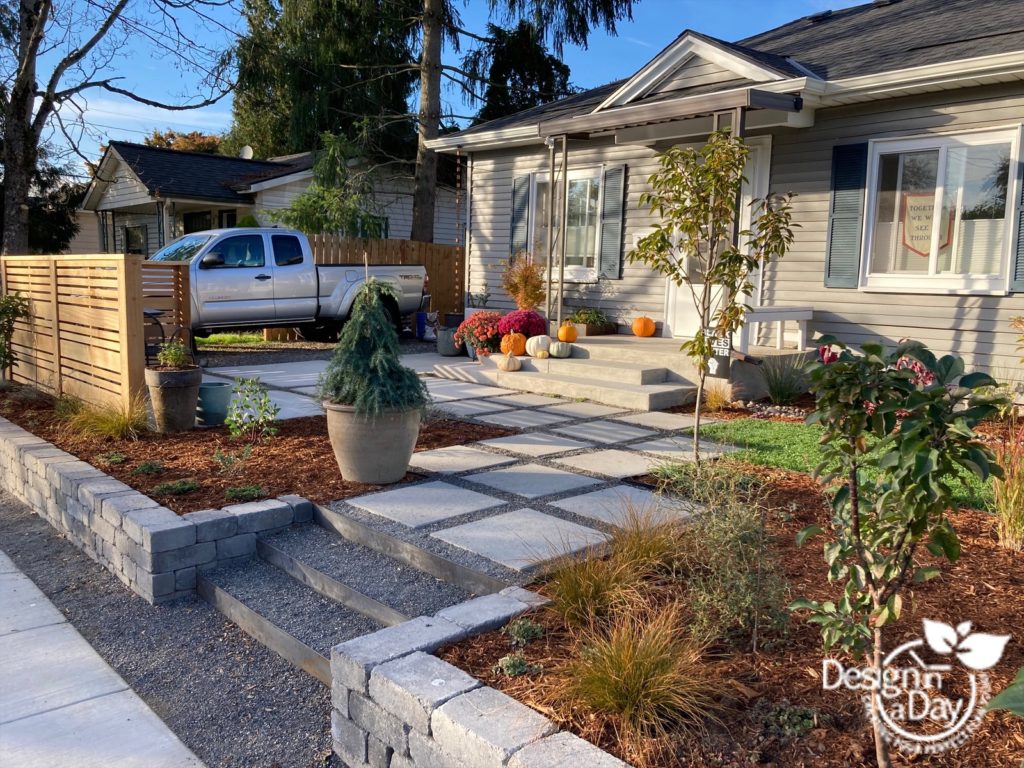 Modern landscape design adds functional space and charm to Kenton front yard in Portland