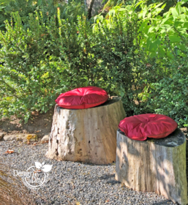 Shade Plant Huckleberry in NW Portland garden with red cushioned stump chairs