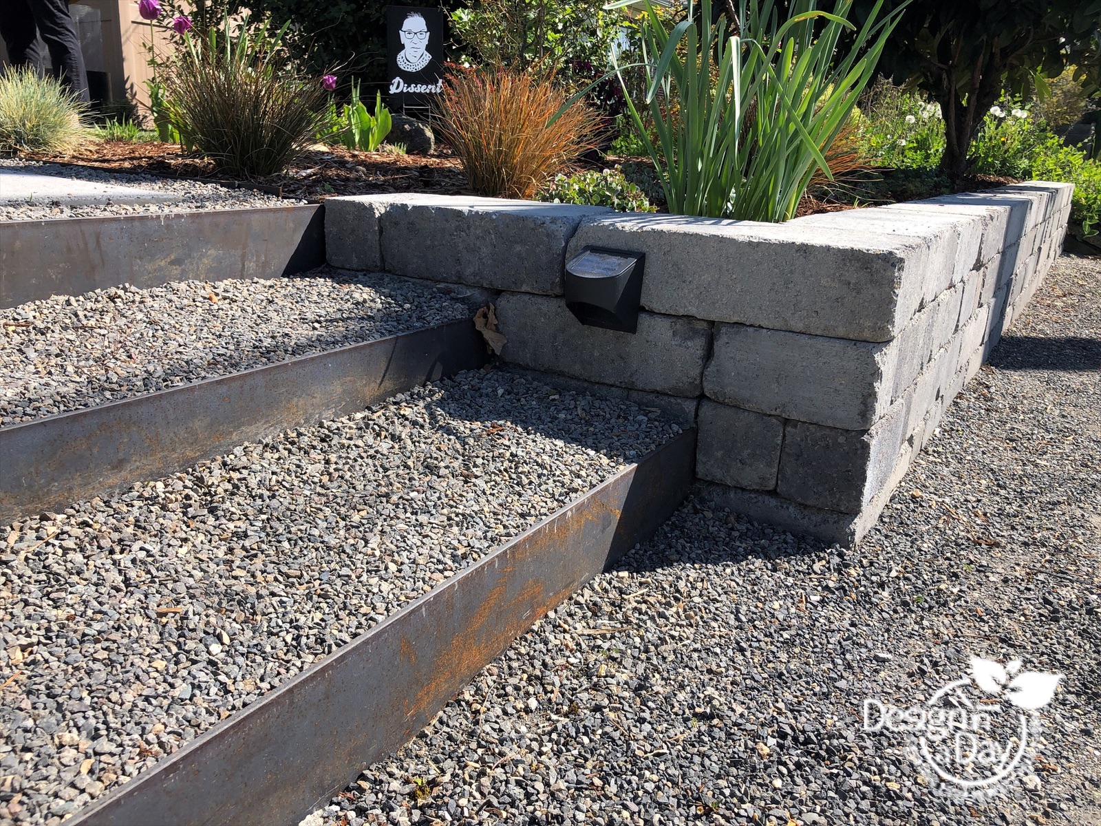 Modern landscape design adds steps with steel risers to Kenton front yard in Portland