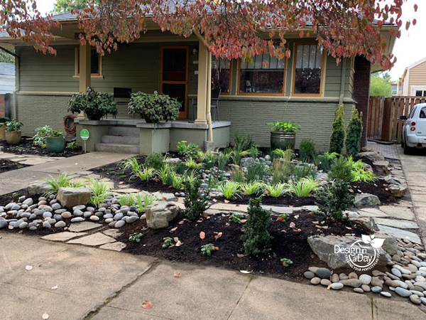 Portland Oregon residential landscape design with front yard rain garden.