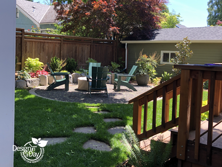 NE Portland back yard landscape design with gas firepit patio and colorful plantings