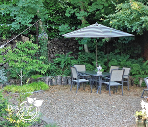 Cedar chip patio makes affordable landscaping for North Portland home.